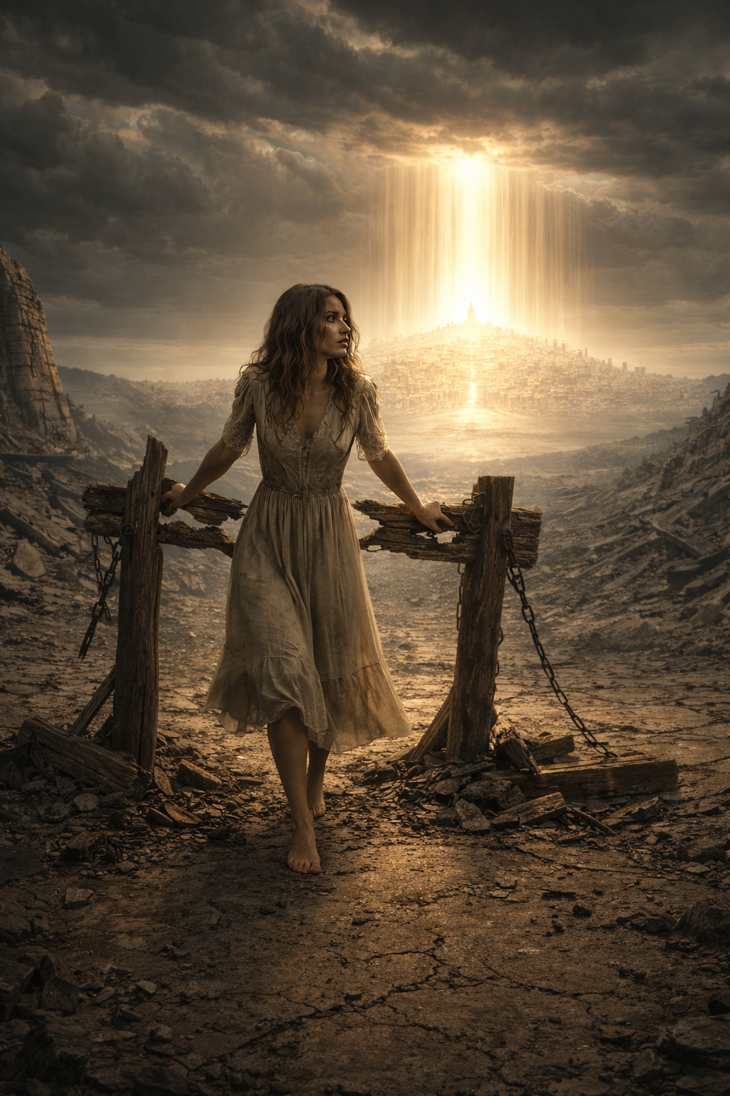 A woman walks away from a shattered pillory in a ruined landscape, with a distant glowing city, symbolizing release from scapegoating and coercion without the arrival of utopia.