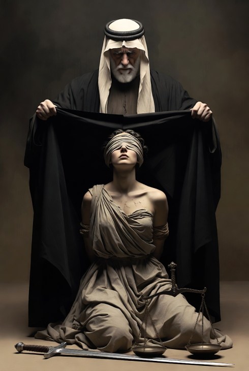 A blindfolded woman symbolizing Justice sits bound beside scales and a sword while a stern robed figure stands behind her holding a dark cloak.