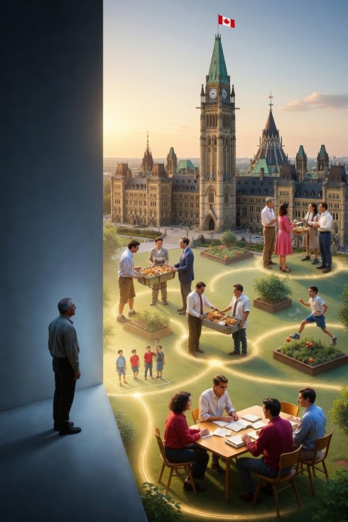 "A conceptual illustration showing the layers of society: a solitary man stands in shadow on the left, looking toward a vibrant middle layer filled with people engaged in community activities—choirs, volunteering, gardening, sports, book clubs, and neighbors connecting—linked by glowing paths. In the background stands the Canadian Parliament buildings on Parliament Hill. Warm golden light illuminates the civil society layer."