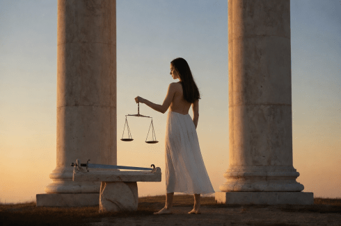 A woman stands between stone columns holding scales of justice, with a sword resting on a stone table nearby, symbolizing law restraining power.